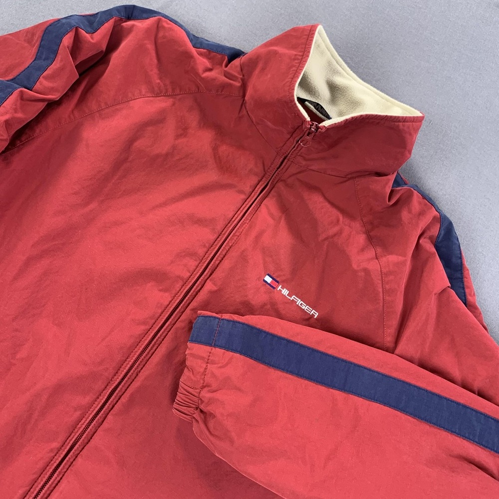 Vintage Tommy Hilfiger Jacket Mens Medium Red Fleece Lined‎ Zip Up 2000s Y2K